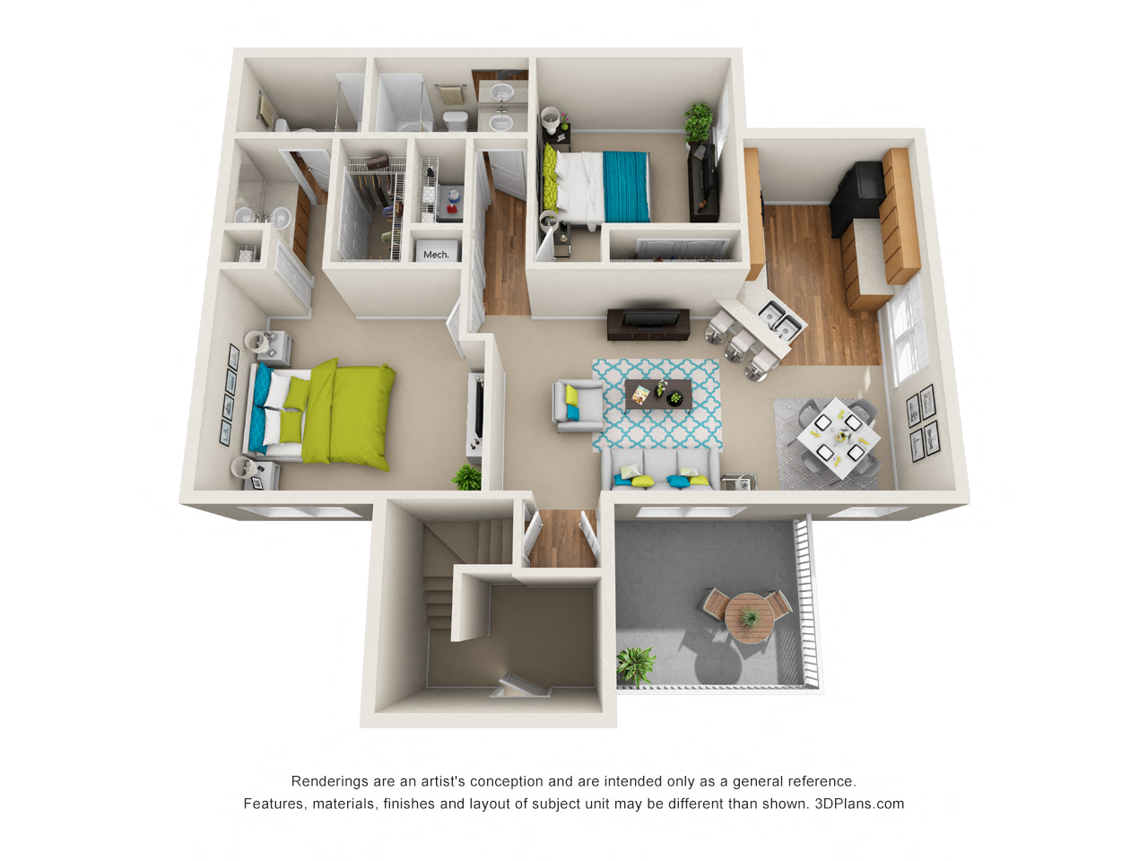Floor plan for 2 beds, 2 baths, 980 sqft